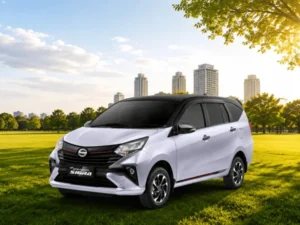 Tampilan eksterior mobil Daihatsu Sigra berwarna merah dari sudut depan.