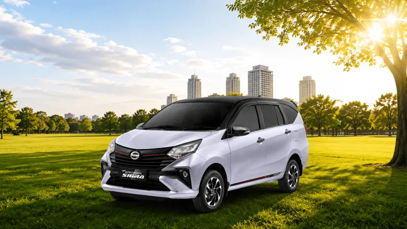 Tampilan eksterior mobil Daihatsu Sigra berwarna merah dari sudut depan.