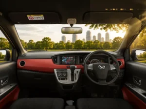 Interior kabin Daihatsu Sigra, menyoroti dashboard, setir, dan bagian jok depan.