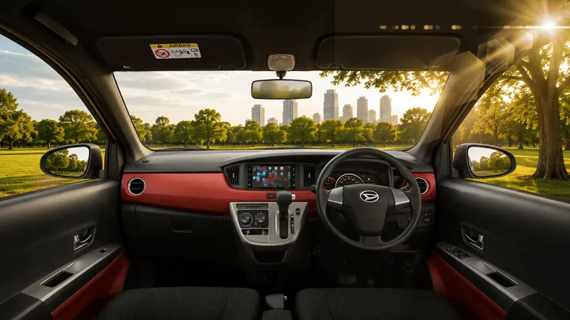 Interior kabin Daihatsu Sigra, menyoroti dashboard, setir, dan bagian jok depan.