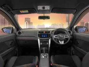 Interior kabin Daihatsu Terios, menampilkan dashboard, setir, dan kursi dengan desain modern yang nyaman.