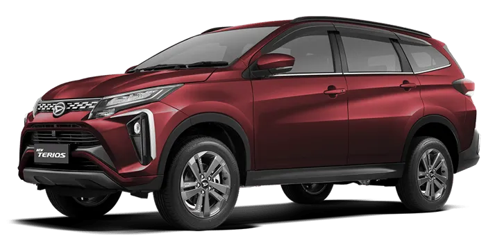 Daihatsu Terios merah cerah, SUV modern dengan tampilan sporty dan elegan.